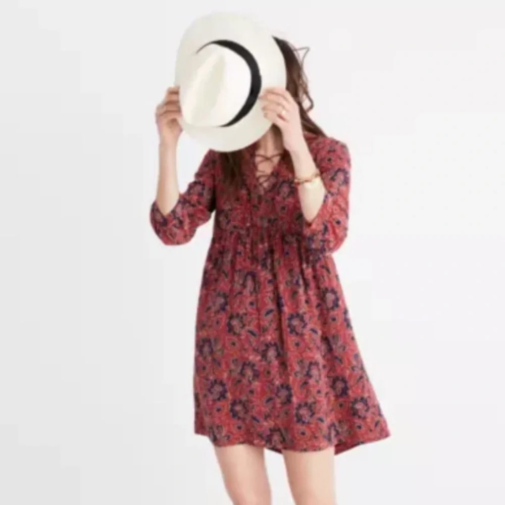 Madewell Size Large 100% Silk Assam Floral Babydoll Dress LaceUp Fall Rust Print